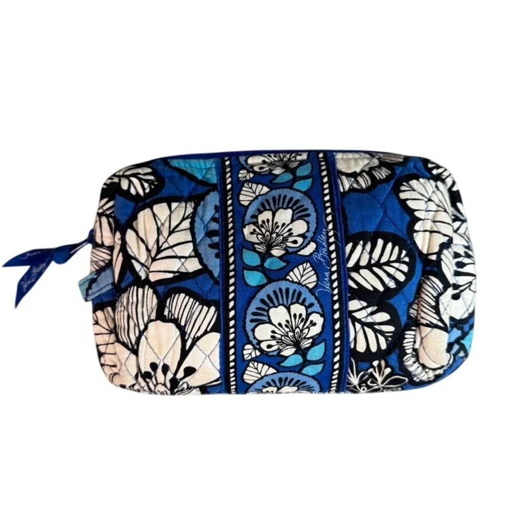 Vera Bradley Indigo Pop Cosmetic Bag Blue Floral Quilted Cotton Makeup Pouch